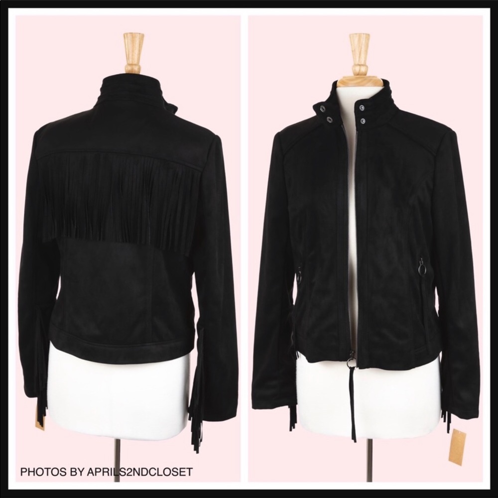 BLACK VEGAN SUEDE BOHO FRINGE MOTO JACKET A3C - Picture 2 of 8